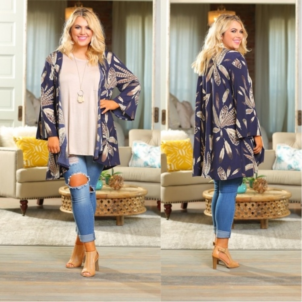 PLUS Navy Boho Feather Print Kimono - Picture 3 of 4